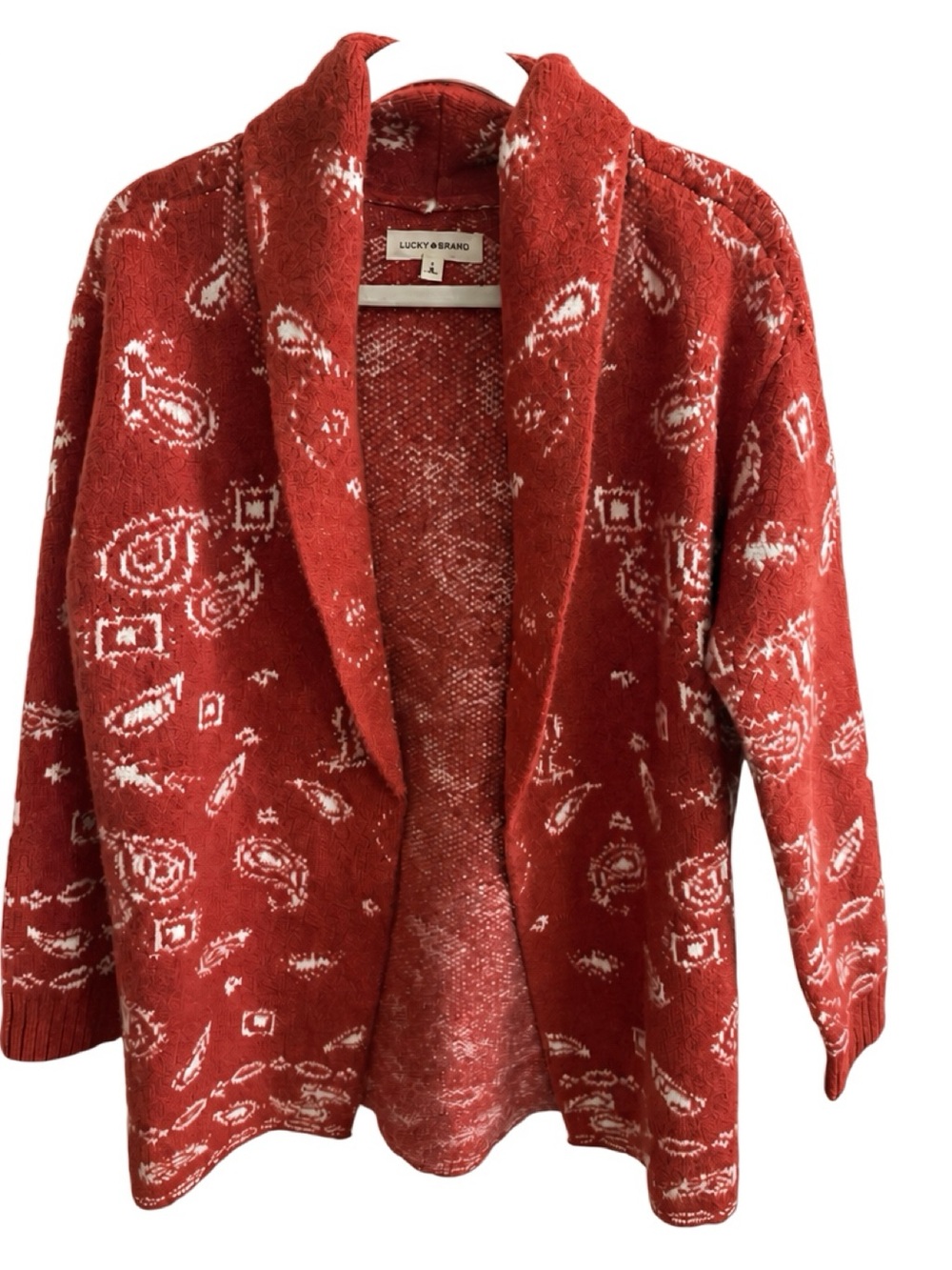 Lucky Brand Red Bandana-Pattern Open-Front Shawl Cardigan size S